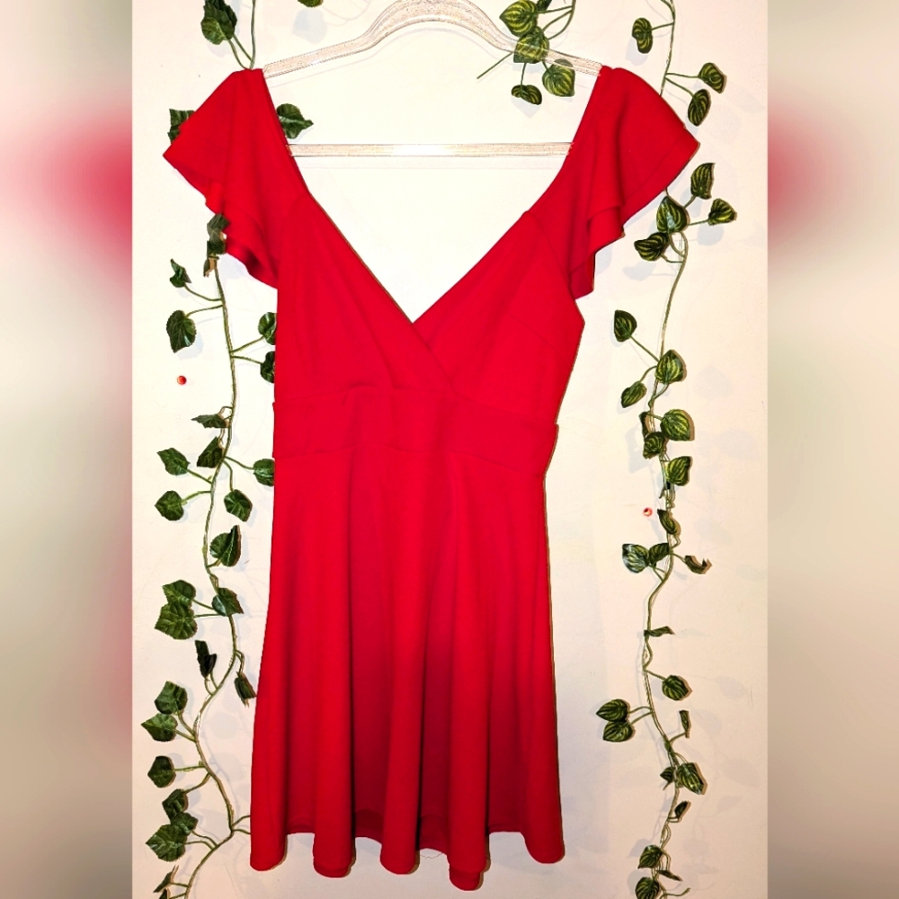 Altar'd State Red Mini Dress Back-Bow Ruffle Sleeve Deep V neck Medium